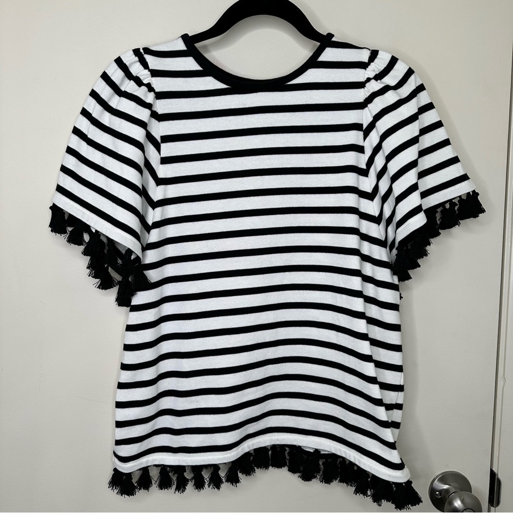 Kate Spade Black and Off White Stripe Flutter Sleeve Tassel Top - Picture 3 of 9